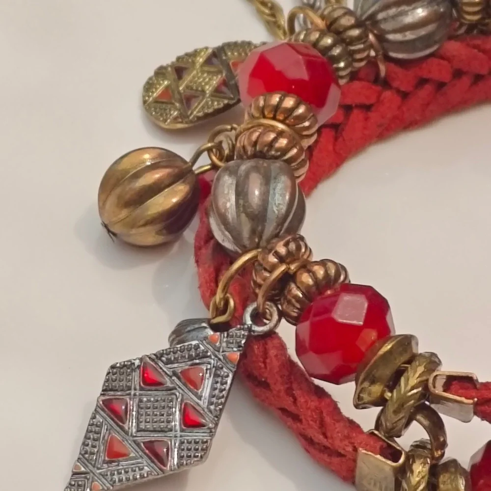 Red Burgundy Braided Suede Charm Bracelet Chunky Boho Beads Gold Silver Tone